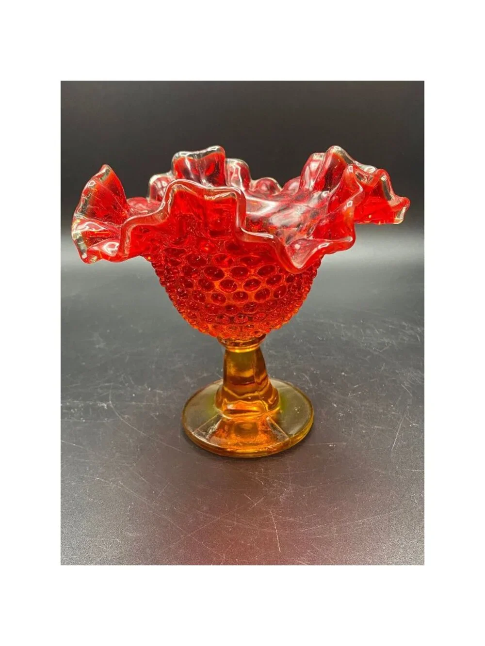 Fenton Amberina Hobnail Ruffled Compote